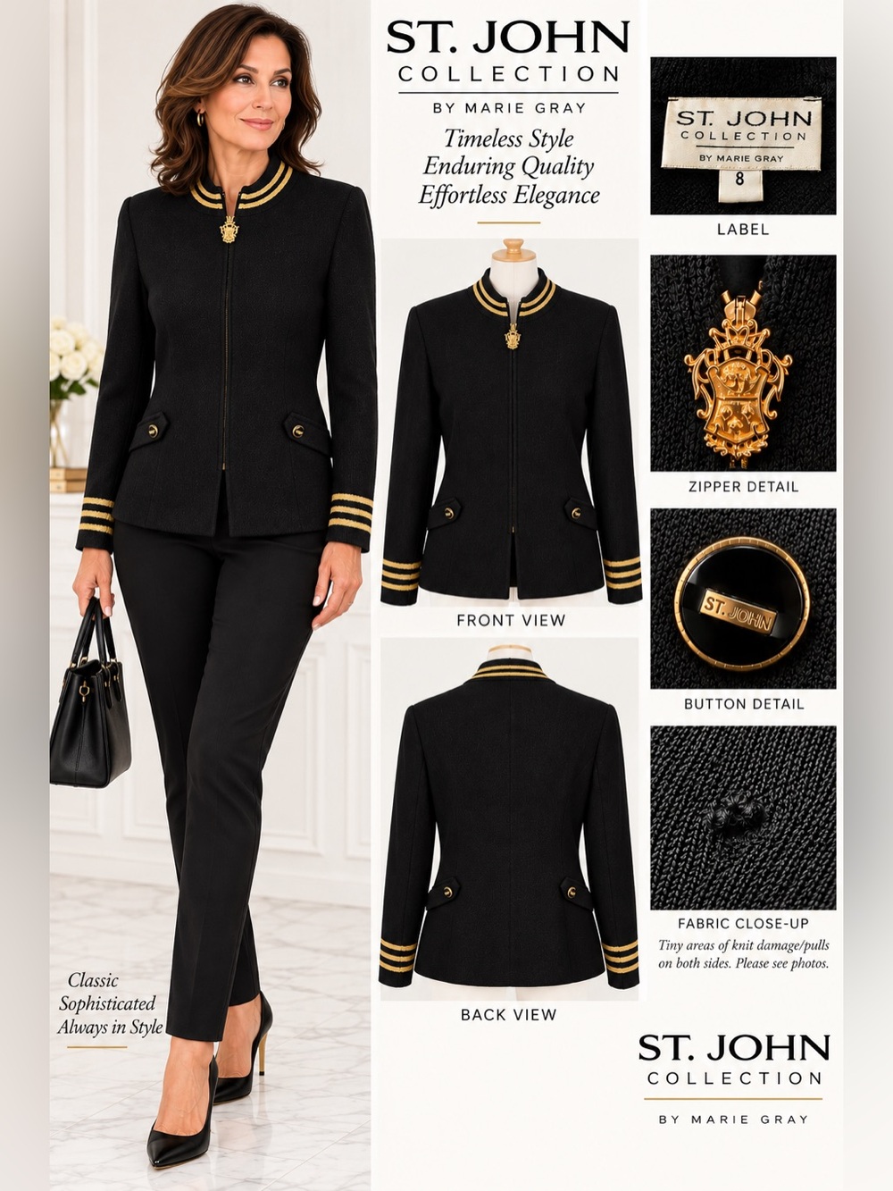 St. John Collection Marie Gray Women’s Size 8 Black Gold Trim Knit Jacket